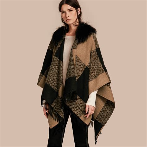 burberry poncho camel|Burberry fur trimmed poncho.